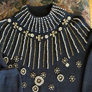 Impressive, vintage 90s, black cotton sweater, S, M, L, gold glass beading
